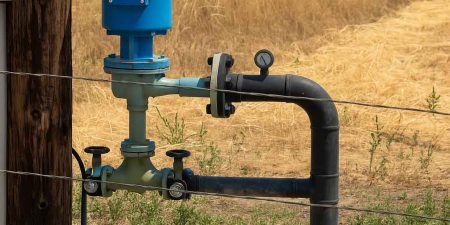 A blue water meter is mounted on a pipeline, with various valves and fittings, situated near a wooden utility pole in a dry, grassy field.