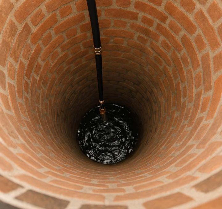 An interior view of a deep brick-lined well with a dark pipe extending downward, showcasing the circular structure and texture of the bricks.