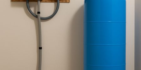 A tall blue water storage tank connected to a control panel mounted on a wooden board, installed in a clean indoor space.