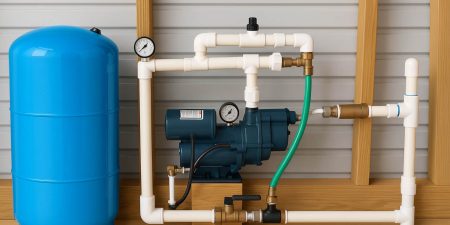 A water pump connected to a blue storage tank via white pipes and fittings, installed in a room with wooden framing.
