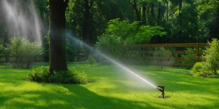 A sprinkler system waters a vibrant green lawn, surrounded by trees and shrubs, with a wooden fence in the background.