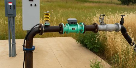 An outdoor pipeline setup includes a control box, valve, and spring-mounted component, situated on a concrete slab amidst tall grass and open fields.