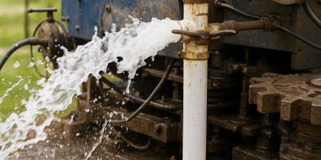 A close-up of an industrial water pump spraying a powerful stream of water, highlighting its robust metal components and mechanical details.