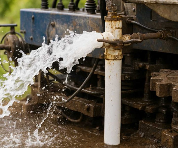 A close-up of an industrial water pump spraying a powerful stream of water, highlighting its robust metal components and mechanical details.