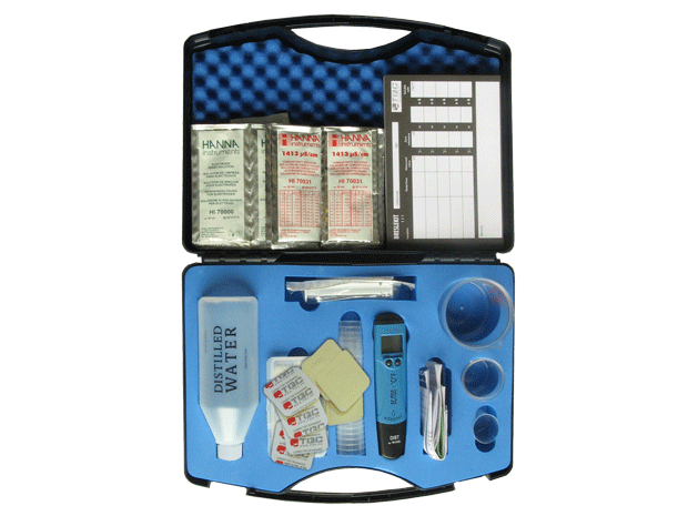 A blue water testing kit containing various reagents, test tubes, and accessories, displayed against a transparent background.