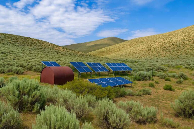 Multiple solar panels are arranged in a field alongside a red cylindrical storage tank, surrounded by rolling hills and sparse vegetation under a partly cloudy sky.