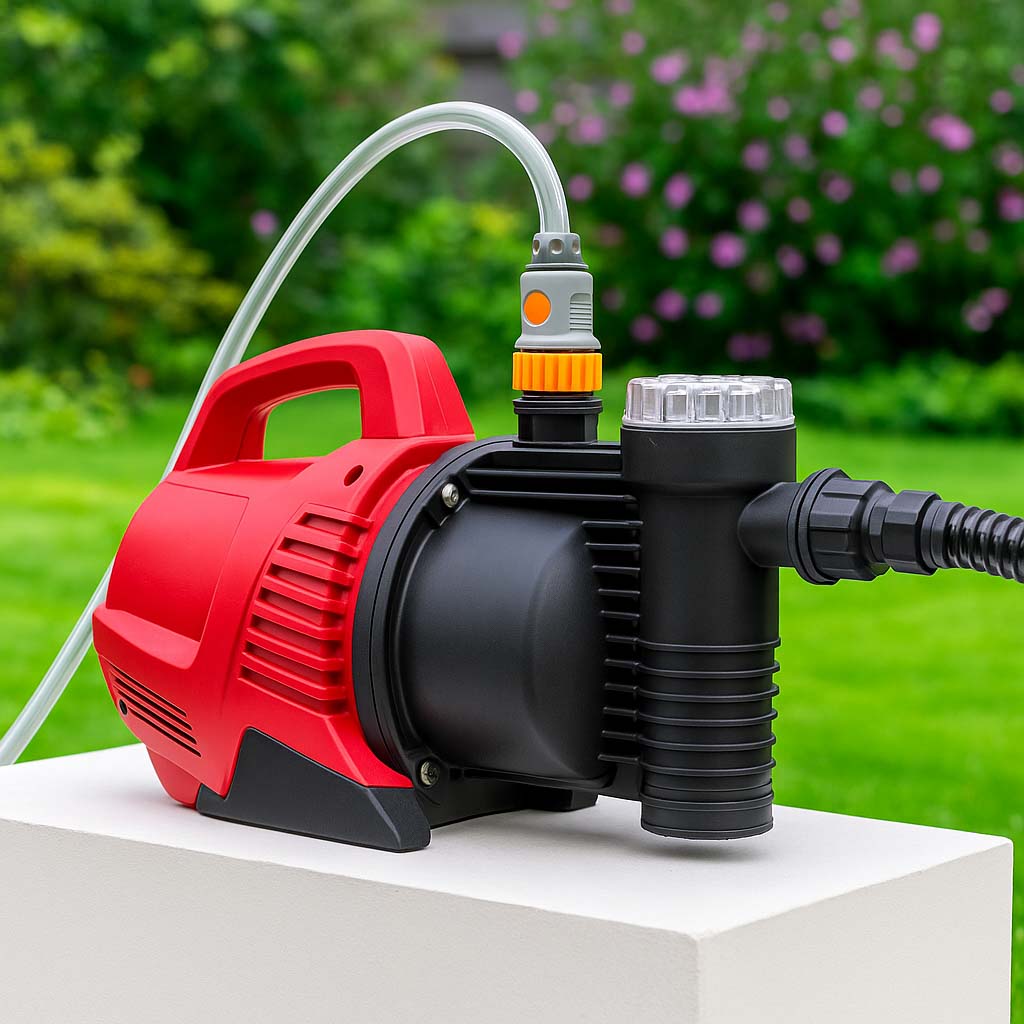A red and black portable water pump with a hose attached, placed outdoors against a backdrop of lush greenery and flowers.